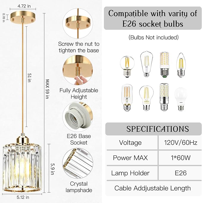 1 Pack Pendant Lights Kitchen Island, Elegant Modern Island Lights for Kitchen with Crystal Glass – Luxury Kitchen Hanging Light for Kitchen Island, Dining Table, Entryway, Restaurant