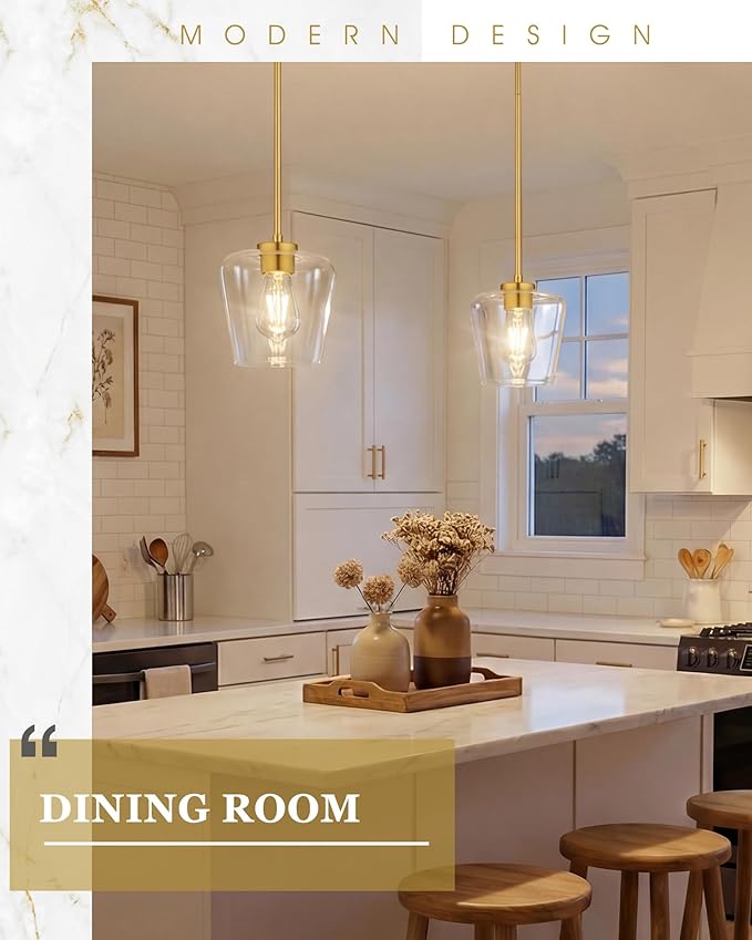 Audicki 2-Packc Pendant Lights Kitchen Island, 8" Brushed Gold Hanging Lights Fixtures with Clear Glass Shade, Modern Kitchen Pendant Lighting Over Island for Dining Room, AD-22004-1P2L-GD-C