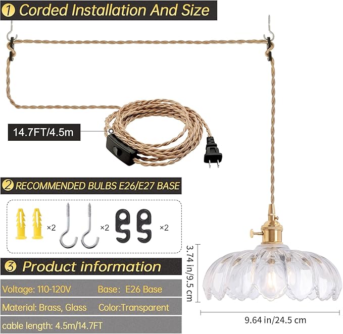Plug in Pendant Light Hanging Light Fixtures with Plugin Cord On/Off Switch,Clear Scindapsus Glass Lampshade Brass Pendant Light