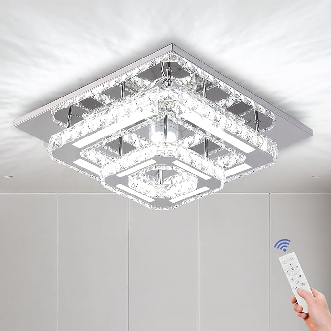FRIXCHUR Crysta Chandelier LED Crystal Ceiling Light 2 Layers 12 inch Dimmable Flush Mount Ceiling Light Modern Chandeliers Lighting for Bedroom Hallway Staircase Kitchen Closet (3 Colors Change)