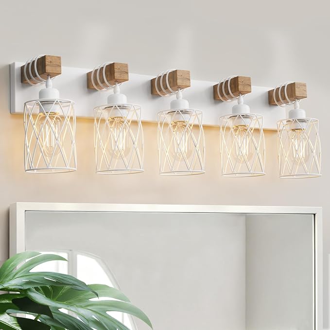 IZORRO Farmhouse Bathroom Vanity Light, 5-Light Wood Bathroom Light Fixtures Over Mirror, Matte White Industrial Vanity Lights with Metal Shade, Rustic Restroom Lighting Fixtures