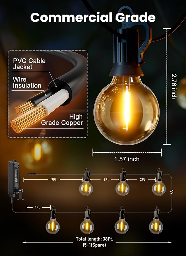 Brightown 38FT 16LED Solar String Lights Outdoor with Remote & USB Port | Shatterproof Bulbs, Dimmable & Timable, 3 Modes, Solar Patio Lights with a Mount Clip for Camping Backyard Garden Decor
