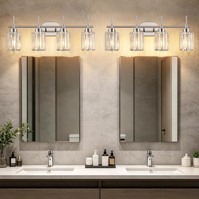 Modern K9 Crystal Bathroom Vanity Light Fixtures, 4-Light Chrome Vanity Lighting Over Mirror, Clear Crystal Shades, Modern Bathroom Light for Bedroom Living Room Hallway Dressing Room