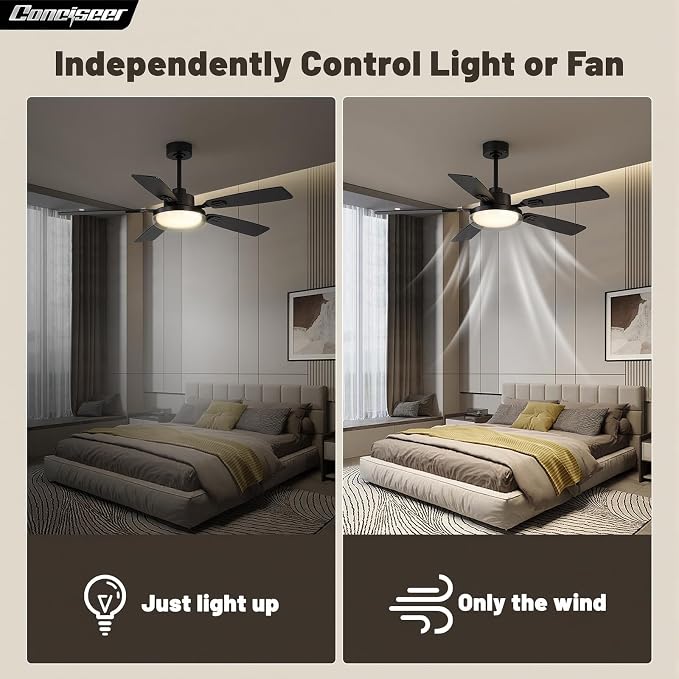 52 Inch Ceiling Fans with Lights and Remote, Bedroom Living Room Kitchen Office, 5CCT Dimmable,Dual Color 5 Blades, 6 Speed Reversible Quiet DC Motor, Double-Layer Lampshade, Black/Wood Grain