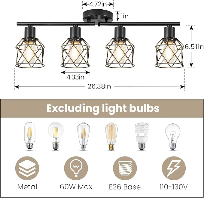 4-Light Kitchen Track Lighting, Island Lights, Farmhouse Ceiling Light | Adjustable Light Heads Rotate To Direct Light Where Needed, With Standard E26 Base For Kitchen Hallway Dining Room