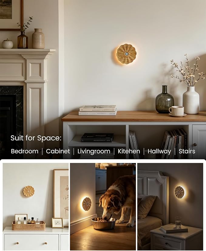 Rechargeable Motion Sensor Light Indoor, Wood Flower Night Light, Magnetic | Warm White 3000K, Ash Wood Flower USB Rechargeable Light, Wireless Lighting for Hallway Bedroom Kitchen , Magnetic Stick-on