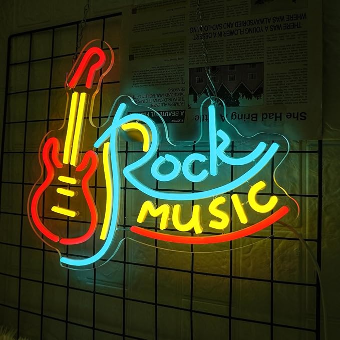 Rock Music Neon Sign for Wall Decor Dimmable Neon Light Signs Guitar Shape LED Neon Signs for Bar Rock Music Fans Game Room