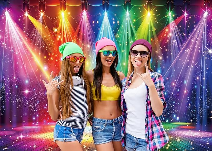 Disco Rainbow Stage Backdrop 70s 80s 90s Hippie Music Vintage Lights Photography Background Rock Music Colorful Neon Glow Party Decorations Photo Banner (8x6FT)