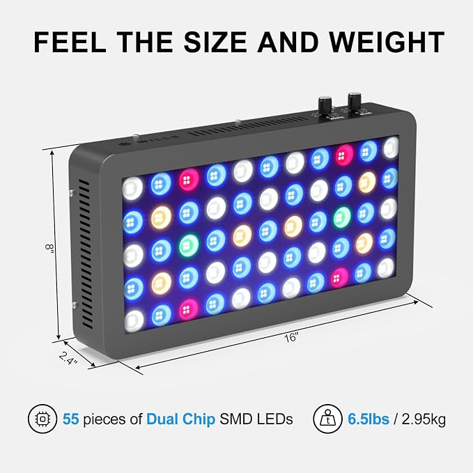 Wills Aquarium Light, 100W Full Spectrum LED Reef Lights, 16"x8"x2.4" | Coral Saltwater Fish Tank, Blue/White Dual Dimmable Channels, 55 Premium SMD LEDs, Daisy Chain Design, Hanging Kit