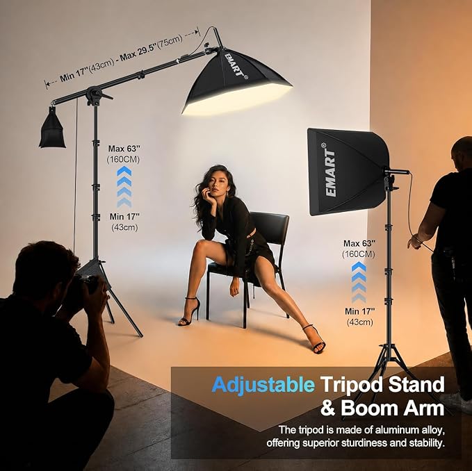 EMART Softbox Photography Lighting Kit, 50W LED 2PCS Soft Box with Boom Arm | Professional Equipment 16"x16" & 20"x20" Softbox, 50W 3000-6000K LED Bulbs, APP/Remote, Stand with Boom Arm for Studio, Vedio