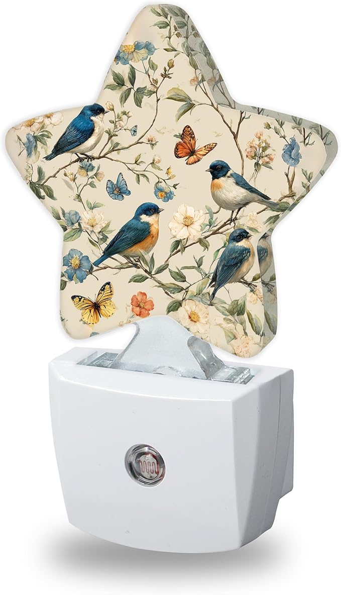 Birds Butterfly Decorative Nightlight Plug in Wall,Watercolor Floral Star Shaped Night Light with Built in Sensor for Home Decor,Kitchen Hallway Stairs Desk Lamp