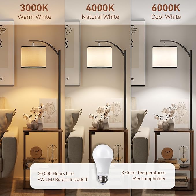 SUNMORY Floor Lamp with Table Shelves, End Side Table for Living Room | USB & AC Charging Stations, 3 Color Temperature 9W LED Bulb, Adjustable Shade, Modern Nightstand Lamps for Bedroom Office