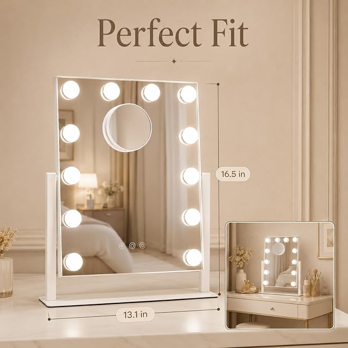 Makeup Mirror with Lights, 10X Magnification, 16.5x13.1in | 3 color modes & dimmable brightness, memory function, perfect for vanity & bedroom, gift for women
