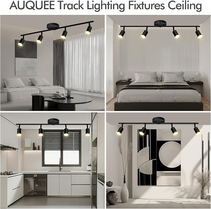 4 Light Track Lighting Fixtures Ceiling, 16W/2700K Black Track Lighting with Acrylic Lampshade & Rotatable Light Heads, 20000hrs Lifespan, Modern LED Track Lights Ceiling for Kitchen/Hallyway
