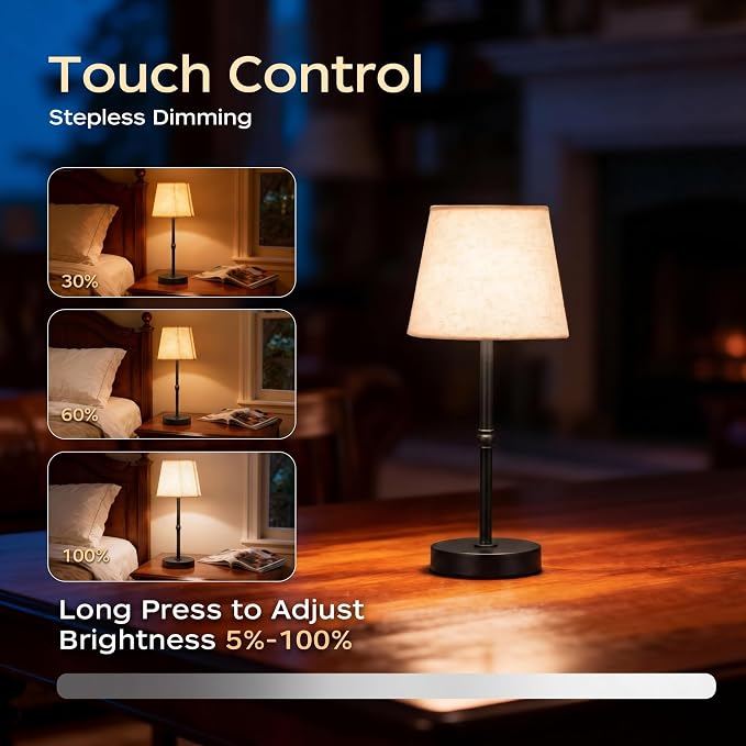 Cordless Table Lamp Rechargeable, 6000mAh Battery Operated LED Lamp with USB-C, Touch Control Stepless Dimmable Small Black Fabric Lamp for Kitchen Counter, Small Spaces, Bedroom, Living Room 2PCS