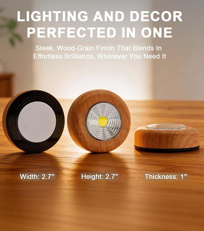 Wood Grain Puck Light, 6 Pack Small Push Lights Tap Light Battery Powered | Stick On Push Lights, Self-Adhesive Under Cabinet Lighting for Kitchen, Closet, Wardrobe, Shelf, Showcas, Shelf