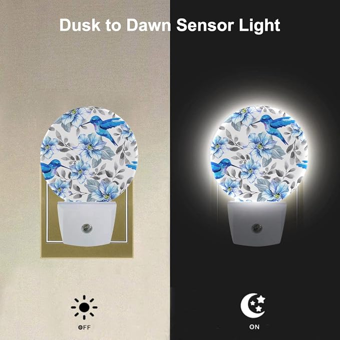 EKOBLA Hummingbird Night Light, Blue Bird Peony Flower Night Lights Plug Into Wall with Dusk to Dawn Sensor, LED Nightlights for Bedroom, Bathroom, Hallway, Kitchen