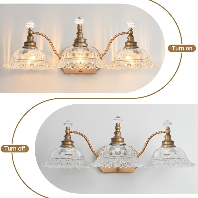Vintage Bathroom Vanity Light Fixtures, 3-Light Matte Brass Finish Vanity Light with Floral Clear Glass Shades, Retro Wall Sconce for Mirror, Powder Room, Bedroom
