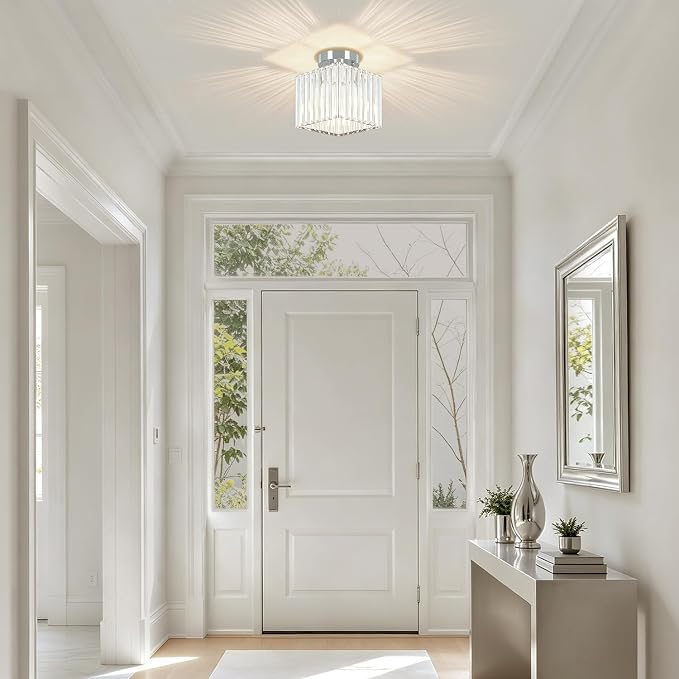 Modern Crystal Ceiling Light Fixture Chrome Hallway Entryway Light Fixtures | 2-Pack, 7.24 Inch, E26 Dimmable, Bathroom Bedroom Ceiling Light, Kitchen Dining Room Laundry Close to Ceiling Light Fixtures