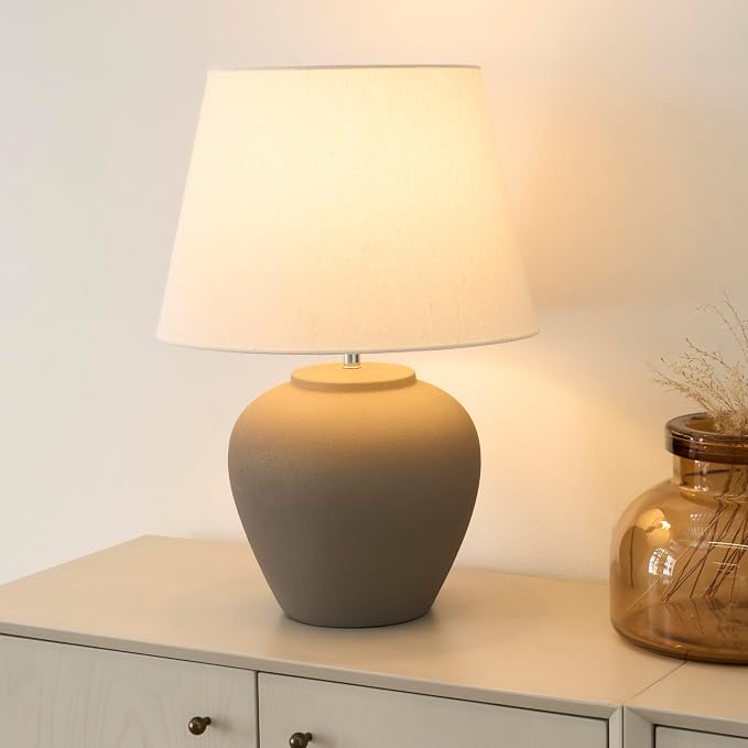 Nourison Home 20" Brown Matte Ceramic Table Lamp with Fabric Shade, Bedside Nightstand Lamp for Bedroom, Living Room, Entryway