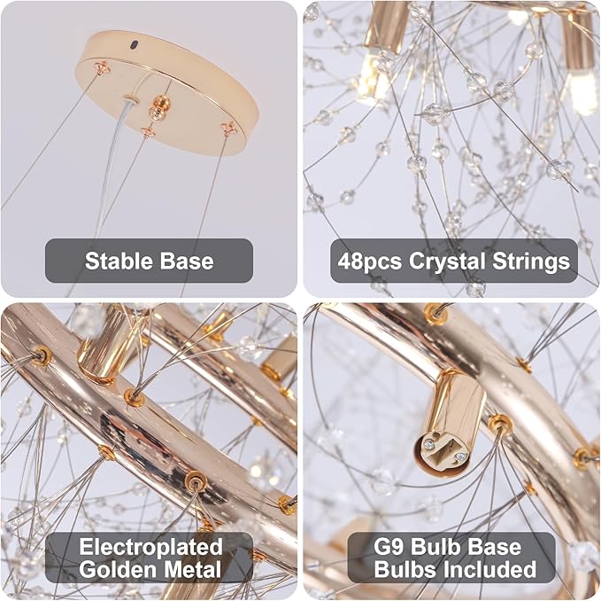 Dandelion Chandelier, 12-Light Gold Firework Crystal Chandelier, Round Dining Room Light Fixture Hanging Light for Entryway Foyer (Bulb Included)