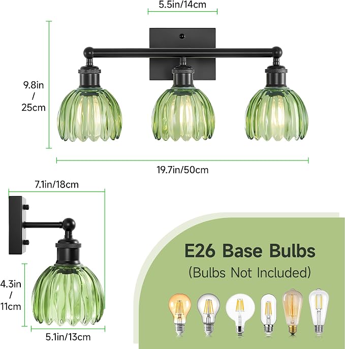 Bathroom Lighting Fixtures Over Mirror,3 Light Vintage Vanity Light,20 in Antique Black Bathroom Sconce with Green Tulip Glass Shade for Bedroom Living Room,Dressing Table,Hallway,E26 Base