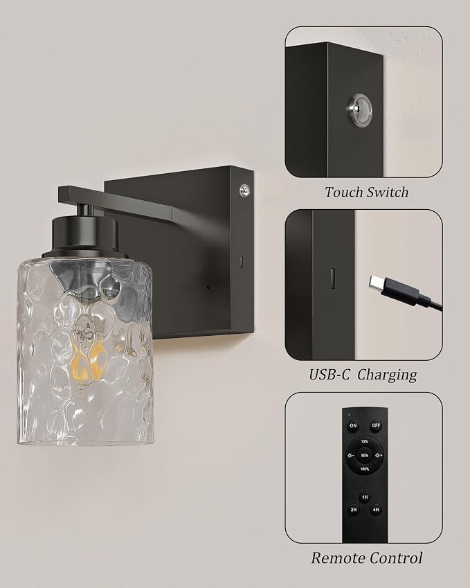 Hammered Glass Wireless Battery Operated Wall Sconces Set of Two Black | Dimmable Rechargeable Wall Lights with Remote Timer, Easy Install Lamp for Living Room Bedroom, Emergency 3000K