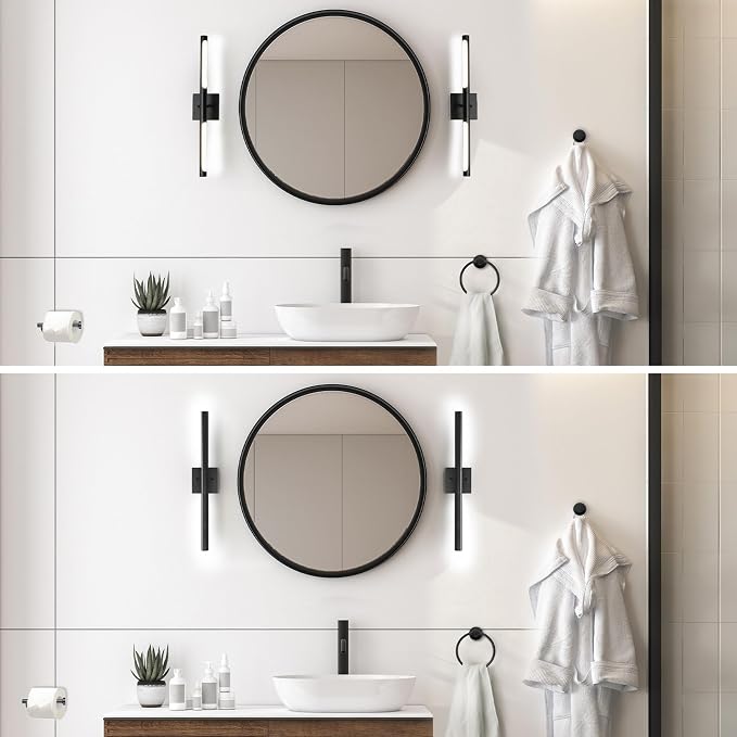 Globe Electric 63000203 5-Piece All-in-One Bathroom Set, 2-Light LED Vanity Light, Matte Black, 1200 Lumen, Towel Bar, Robe Hook, Toilet Paper Holder, Towel Ring, Bathroom Lights Over Mirror