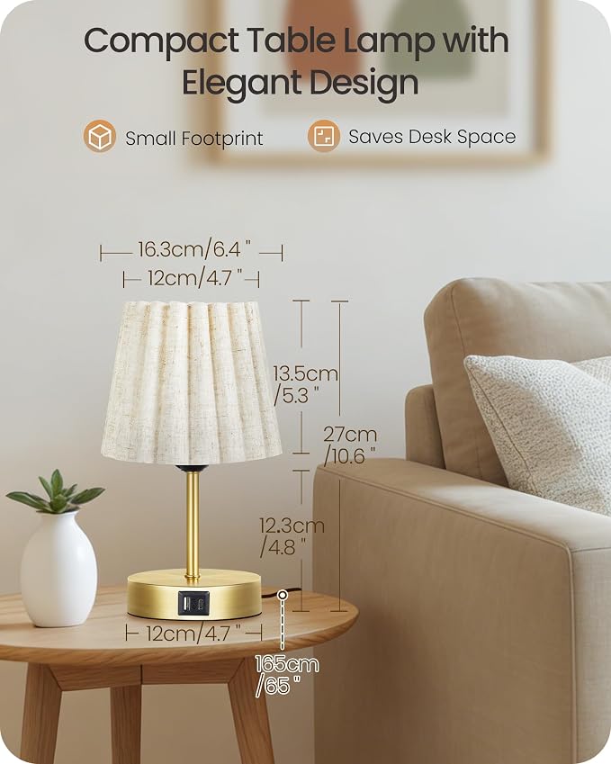 Small Bedside Table Lamps Set of 2, Touch Dimmable Table Lamps with USB Ports, Nightstand Lamps with 2 Stepless Dimming LED Bulbs, E26 Base, for Bedroom, Study, Gold and Beige DE16TLP205