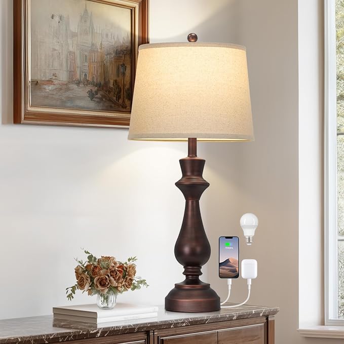 Vintage Table Lamp for Living Room,30" Tall Bedside Lamp with USB Charging Port,3-Way Dimmable Touch Nightstand Lamp for Bedroom Desk Side Table Office,Brown-1P