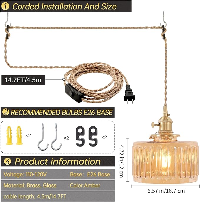Plug in Pendant Light Hanging Light Fixtures with Plugin Cord On/Off Switch,Amber Striped Glass Lampshade Brass Pendant Light