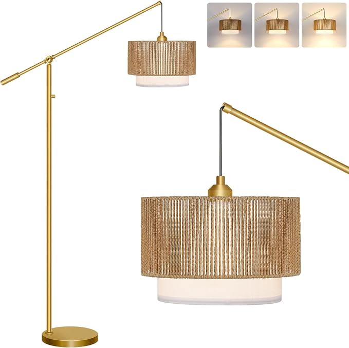 【Upgraded】Arc Floor Lamp for Living Room, Boho Dimmable Swing Arm Floor Lamp with Rattan & Fabric Shades, Gold Rattan Standing Lamp with 11W Bulb, Farmhouse Adjustable Tall Lamp for Bedroom Office