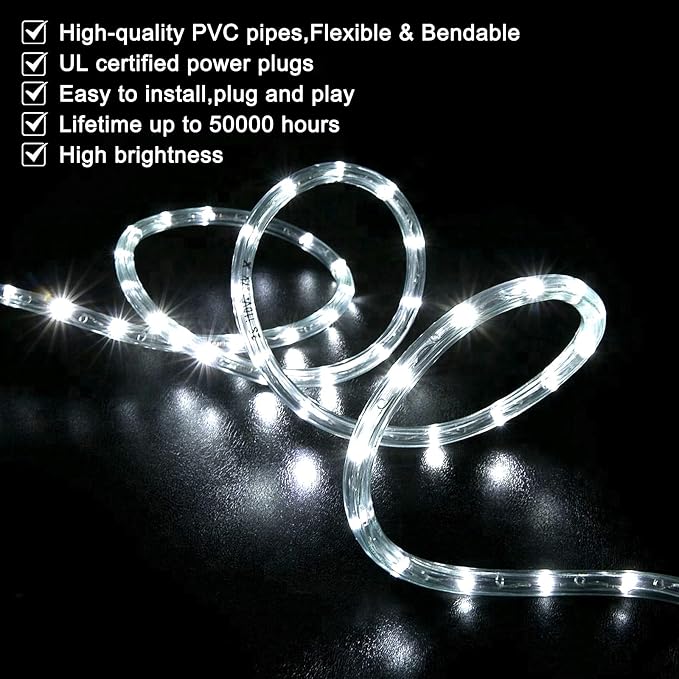 Rope Lights Outdoor Waterproof Daylight White: LED 100FT Cuttable Outside Bright 110V Lighting 6000K Connectable Flexible Cool Clear Tube, Indoor Deck Patio Xmas Camping Decor, Not Flat Strip