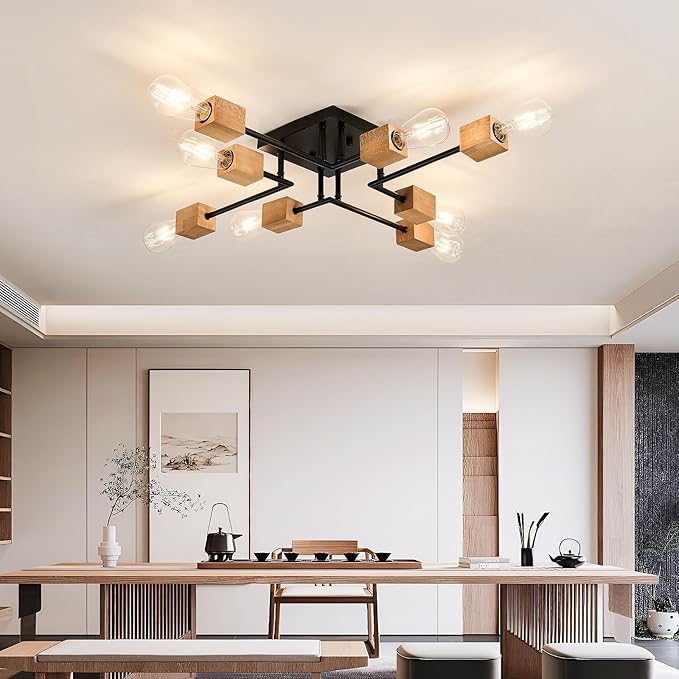 8-Light Modern Black and Wood Sputnik Chandelier Retro Matte Ceiling Light Fixture Boho Ceiling lamp for Kitchen Dining Room Living Room Bedroom Farmhouse