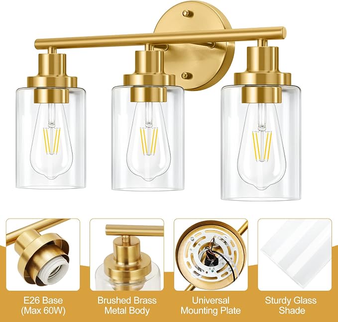 Brushed Brass Bathroom Wall Light Fixtures 3 Lights Vanity Wall Sconce with Clear Glass Shade Modern Farmhouse Wall Lamp for Bathroom Mirror Kitchen Living Room Workshop