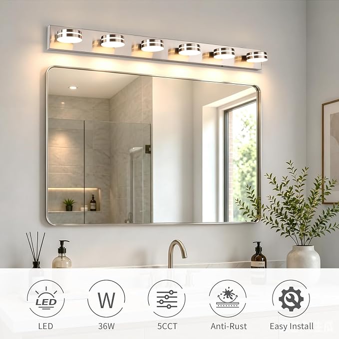 LED Modern Bathroom Vanity Light Fixtures 6-Light 47.24in 36W | LED Dimmable Bath Lights, Modern Wall Mounted Lighting Fixture with Rotating Lamp Head, Acrylic Metal, 5CCT Dimmable