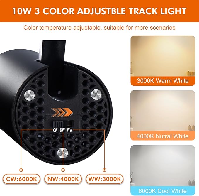 10W 3-Color LED Track Lighting Heads H Type Compatible with Single Circuit H Track Rails, Bright Flexible Adjustable Track Lighting Fixtures Ceiling Spotlight for Kitchen 24° Black 4 Pack
