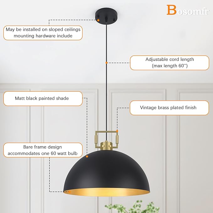 16" Farmhouse Pendant Light Fixture for Kitchen Island Black and Gold Large Dome Chandelier Light Modern Industrial Pendant Light Fixtures for Kitchen Island, Hallway, Dining Room, Bedroom
