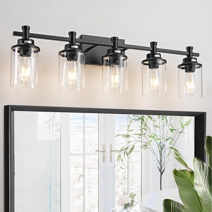 5-Light Black Bathroom Vanity Light, Modern Bathroom Light Fixtures Wall Sconces Over Mirror with Clear Glass Shade