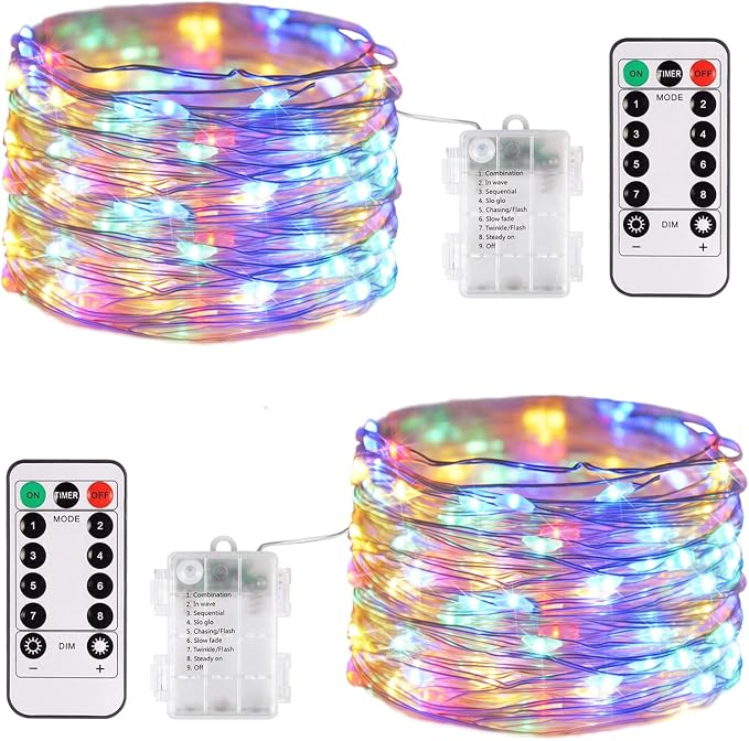 JMEXSUSS 2Pack Multicolor Fairy Lights Battery Operated for Christmas Decor | Total 200 LED 66ft, Battery Powered Christmas Lights with Remote, 8 Modes Twinkle String Light for Mantel Tree Indoor Outdoor
