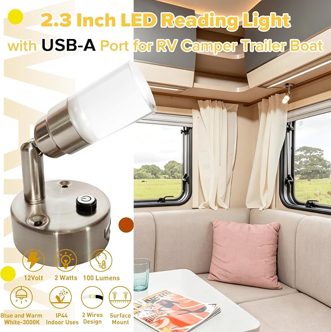 RV Reading Lights 12v Interior RV Light With USB Port Camper Sconce Led Lighting with USB-A Charger for Bedside 2W 100LM 12 Volt Led Light Blue Warm White 3000K Lighting Fixture Brushed Nickel, 2-Pack