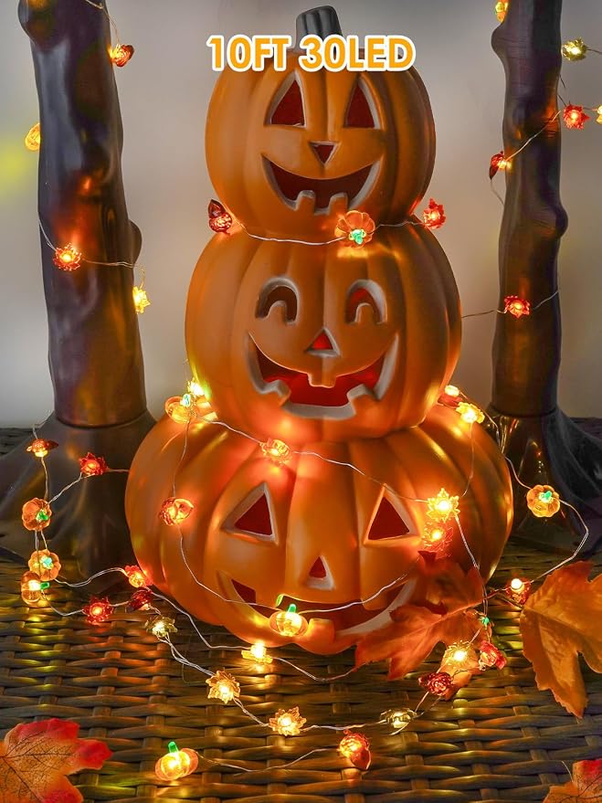 Fall Decor 3D Pumpkin Acorn Maple Leaf Fairy Lights Battery Operated Remote | 10FT 30 LED, 8 Modes & Timer, IP44 Waterproof Twinkle String Lights for Indoor Outdoor Harvest Thanksgiving Halloween Decor