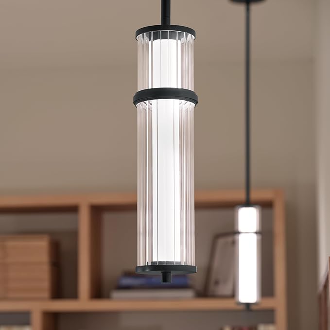 Kichler Riven LED 1-Light Pendant with Clear Fluted Glass in Black, Sloped Ceiling Compatible, for Kitchen or Dining Room (15.5" x 5"), 52755BKLED