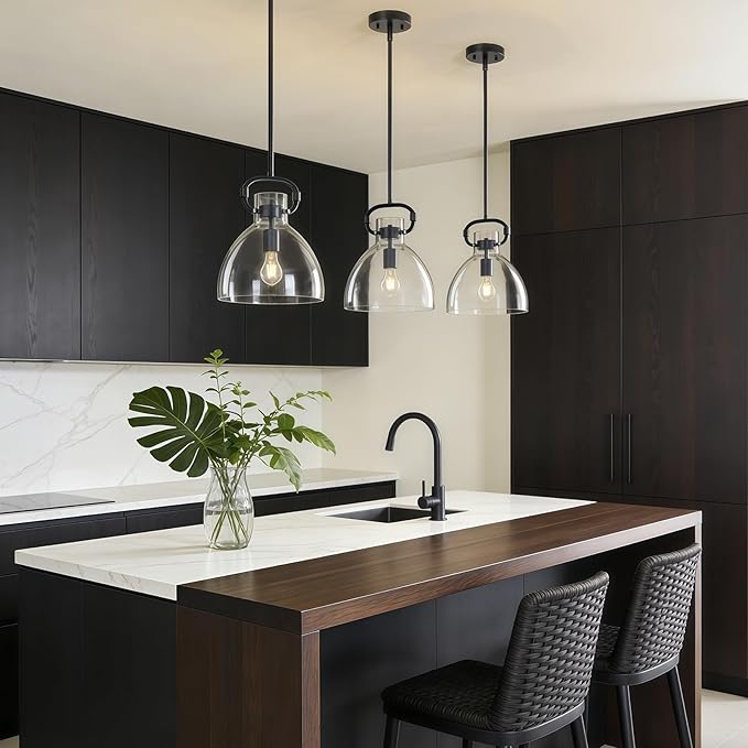 9.8'' Farmhouse Pendant Lights Kitchen Island, 1-Light Glass Modern Black Kitchen Island Lights, Pendant Light Fixtures for Dining Room Bedroom Over Table, E26