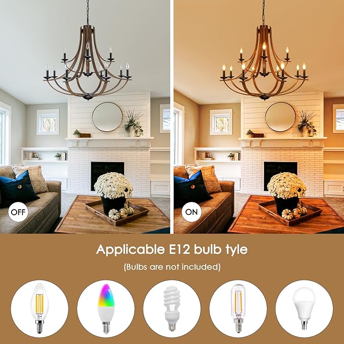 Farmhouse Chandeliers for Dining Room Light Fixture, 2 Tier 12-Light 41" Adjustable Height Retro Faux Wood Texture Rustic Light Fixtures for Living Room Bedroom Foyer Entryway
