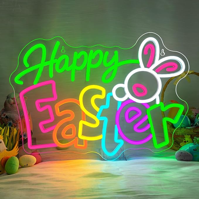 Happy Easter Neon Sign Bunny Neon Light Up Easter Decor Indoor for Home Living Room Windows Spring Decor LED Bunny Sign Rabbit Themed Gifts for Teens Families in Family Games