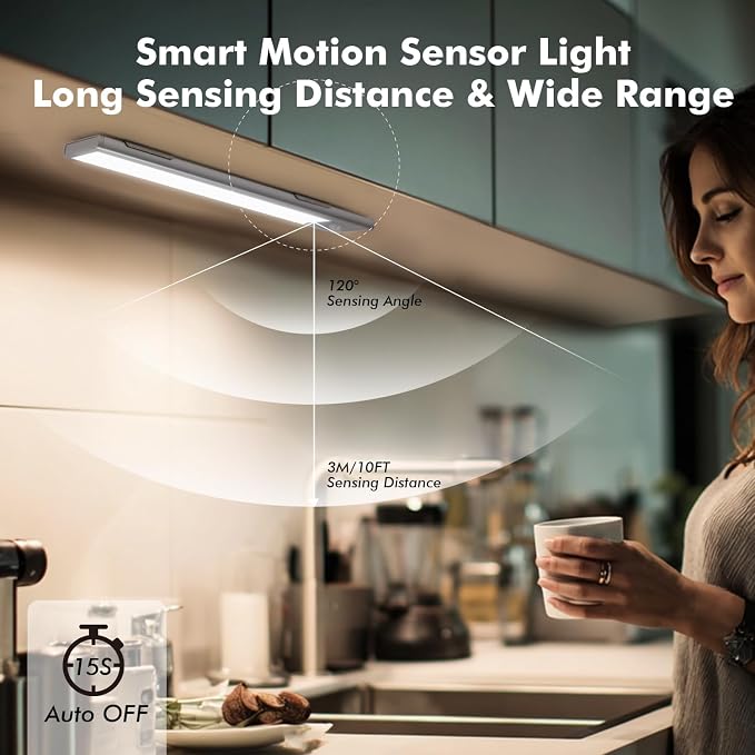 2 Pack Under Cabinet Lighting, 3 Colors & Dimmable Motion Sensor Light Indoor, 900mAh Rechargeable Under Cabinet Lighting Magnetic for Kitchen, Stairs, Closets, Silver(Aluminum Alloy+ABS +PC)