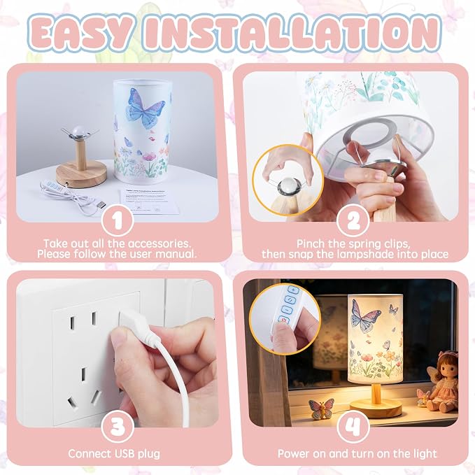 Butterfly Table Lamp for Kids Bedroom, 3-Way Dimmable Bedside Lamp with Wooden Base and Fabric Shade, Floral Butterfly Nursery Night Light for Girls Room Decor, Cute Butterfly Gifts for Kids