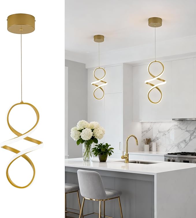 MAYNA Spiral Kitchen Pendant Lighting, 4000K Modern LED Pendant Light Fixture, 18W Adjustable Height Island Light Fixture for Kitchen Bedroom Kitchen Island Cafe, 1 Pack (Gold)