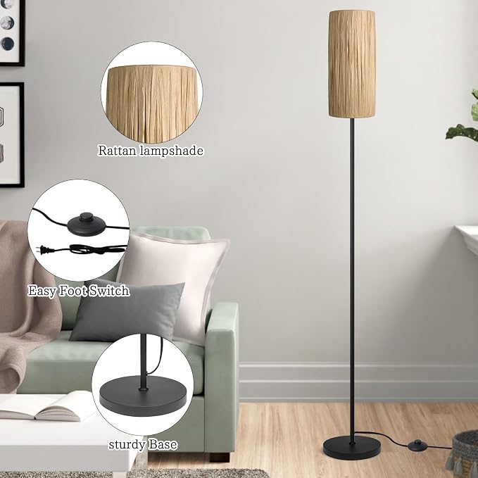Ruiever Floor Lamp for Living Room,Rattan Boho Floor lamp,Modern Standing lamp with Hand-Worked Woven Shade (Hand Woven Shade-3 Color Bulb)